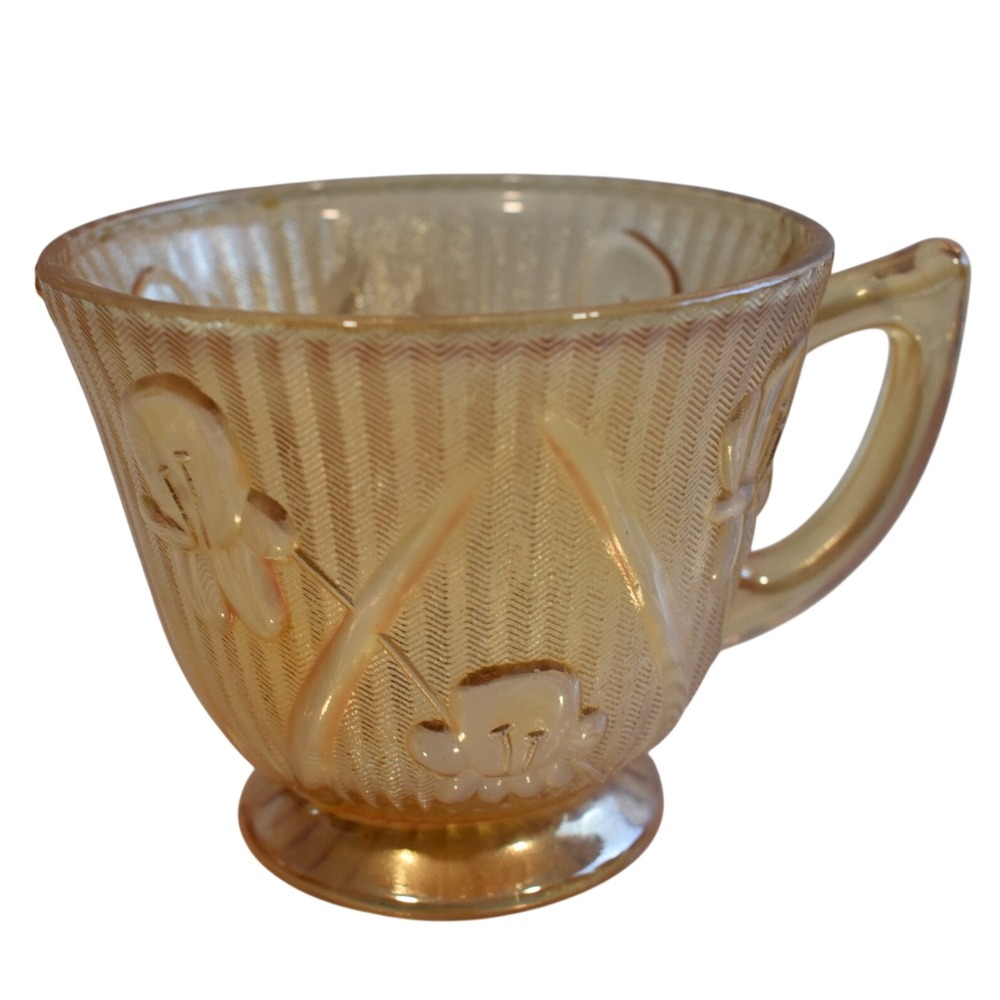 Jeannette Glass Iris and Herringbone Tea Cup Marigold Iridescent Vintage